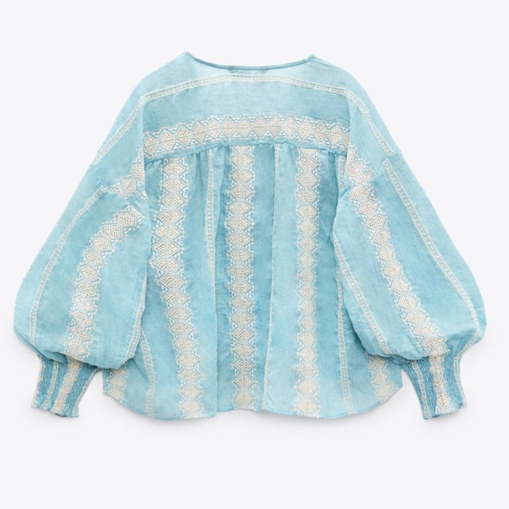 ZARA SMOCKED BALLOON SLEEVE COMBINATION EMBROIDERED BUTTON DOWN SHIRT - Picture 3 of 7